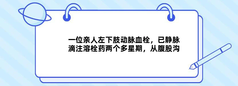 一位亲人左下肢动脉血栓，已静脉滴注溶栓药两个多星期，从腹股沟部位切开手术取栓一个星期，近两天小腿以